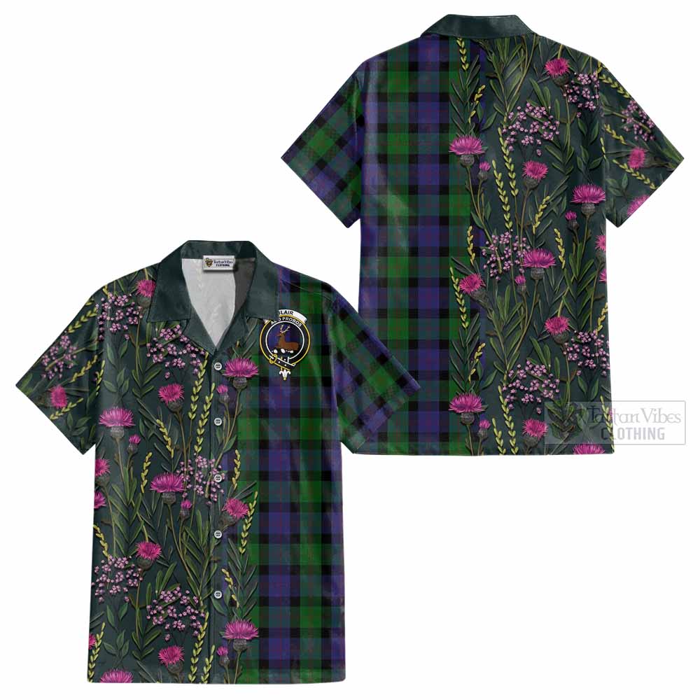 Blair Family Crest Tartan Cotton Hawaiian Shirt Scottish Thistle Flower Pattern Half Style - Tartan Vibes Clothing