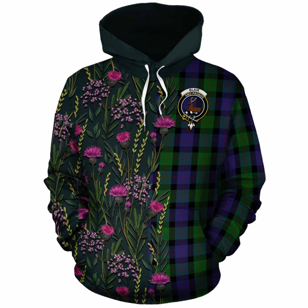 Blair Family Crest Tartan Cotton Hoodie Scottish Thistle Flower Pattern Half Style - Tartan Vibes Clothing