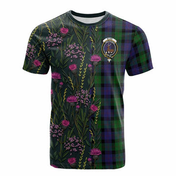 Blair Family Crest Tartan Cotton T-shirt Scottish Thistle Flower Pattern Half Style