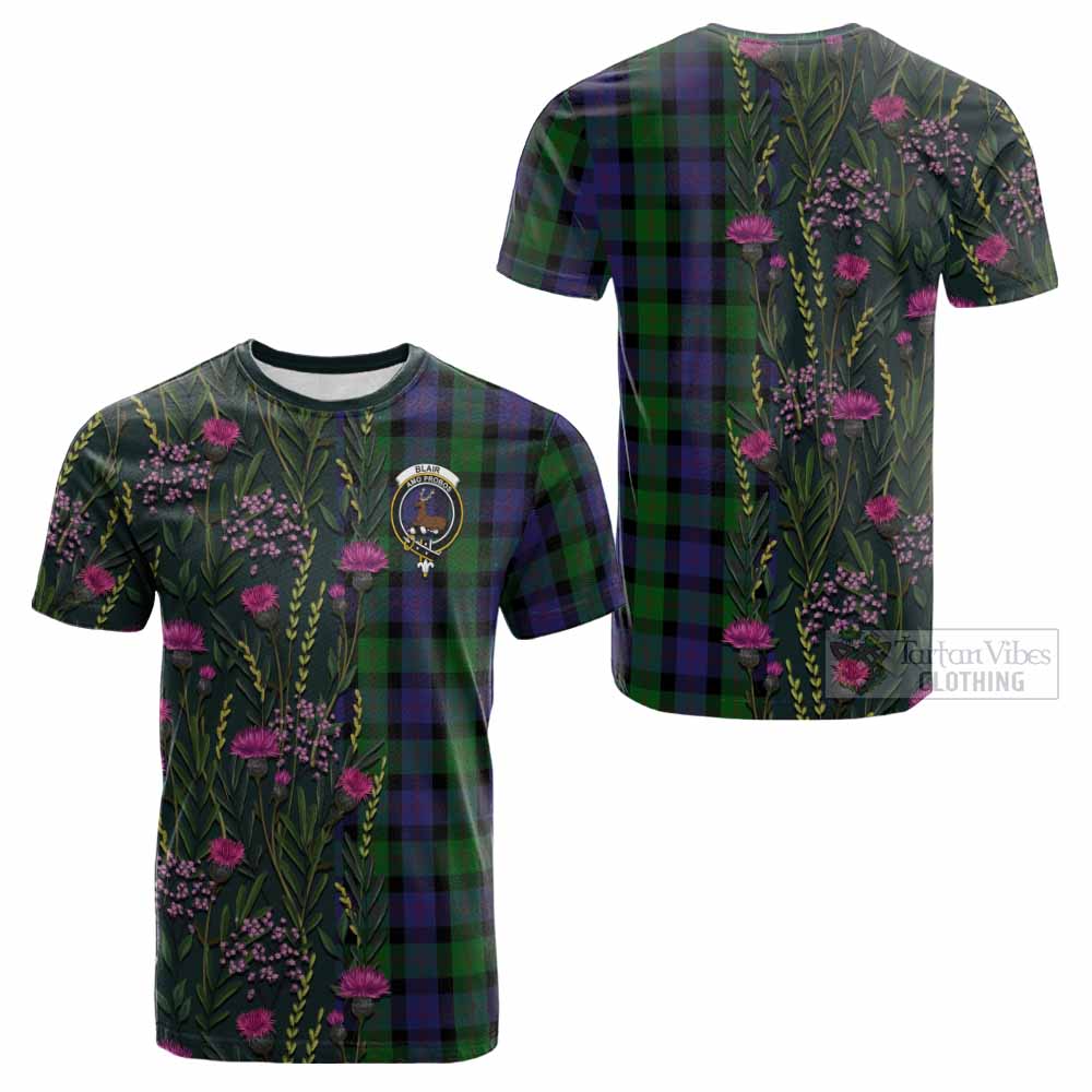 Blair Family Crest Tartan Cotton T-shirt Scottish Thistle Flower Pattern Half Style - Tartan Vibes Clothing