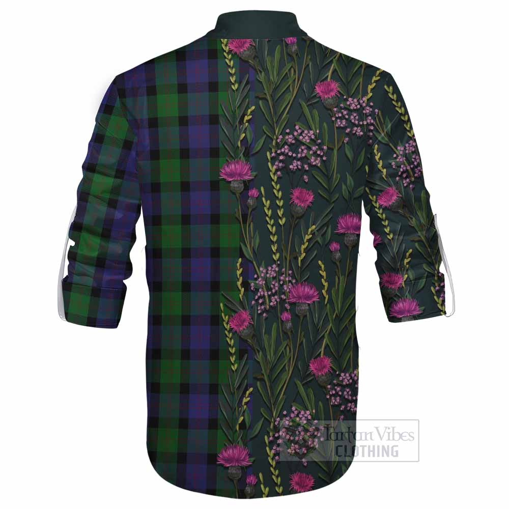Blair Family Crest Tartan Ghillie Shirt Scottish Thistle Flower Pattern Half Style - Tartan Vibes Clothing
