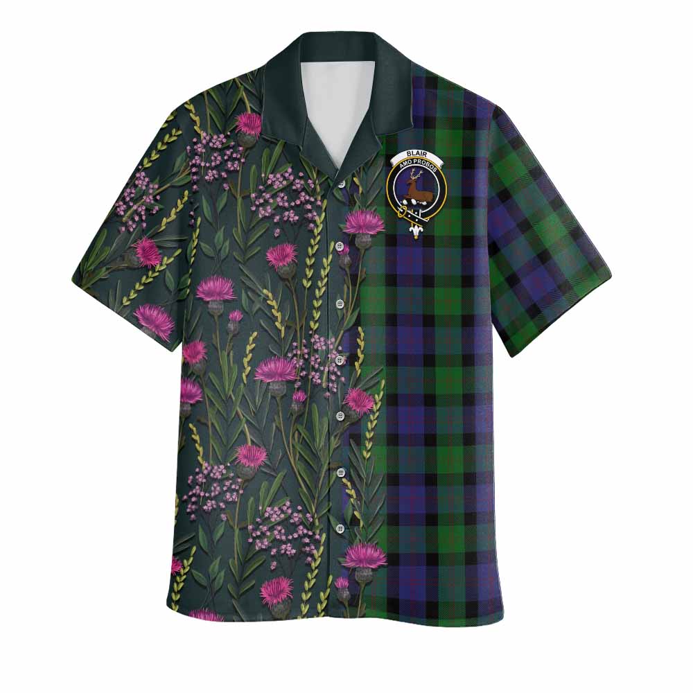 Blair Family Crest Tartan Hawaiian Shirt Scottish Thistle Flower Pattern Half Style - Tartan Vibes Clothing