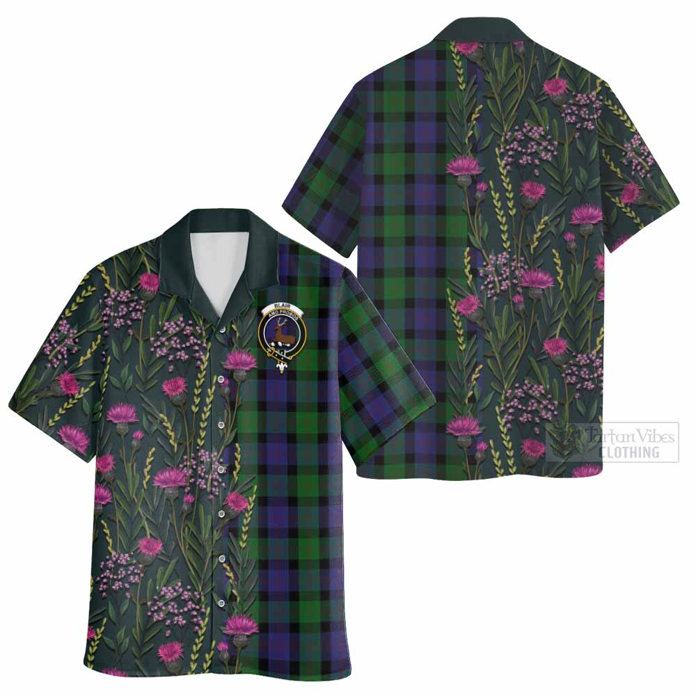 Blair Family Crest Tartan Hawaiian Shirt Scottish Thistle Flower Pattern Half Style - Tartan Vibes Clothing