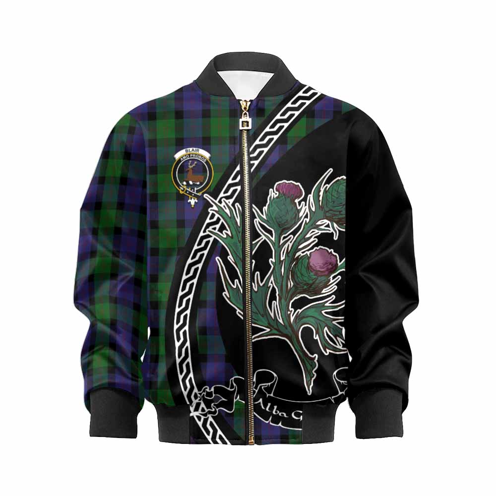 Blair Family Crest Tartan Kid Bomber Jacket Alba Thistle Inspired - Tartan Vibes Clothing