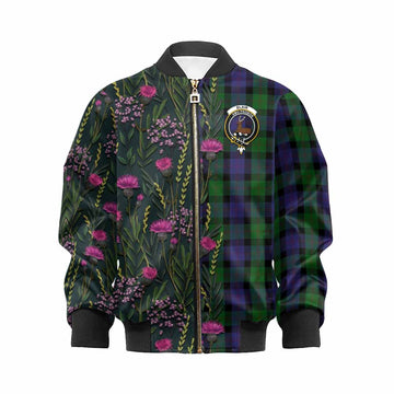 Blair Family Crest Tartan Kid Bomber Jacket Scottish Thistle Flower Pattern Half Style - Tartan Vibes Clothing