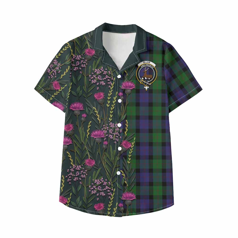 Blair Family Crest Tartan Kid Hawaiian Shirt Scottish Thistle Flower Pattern Half Style - Tartan Vibes Clothing