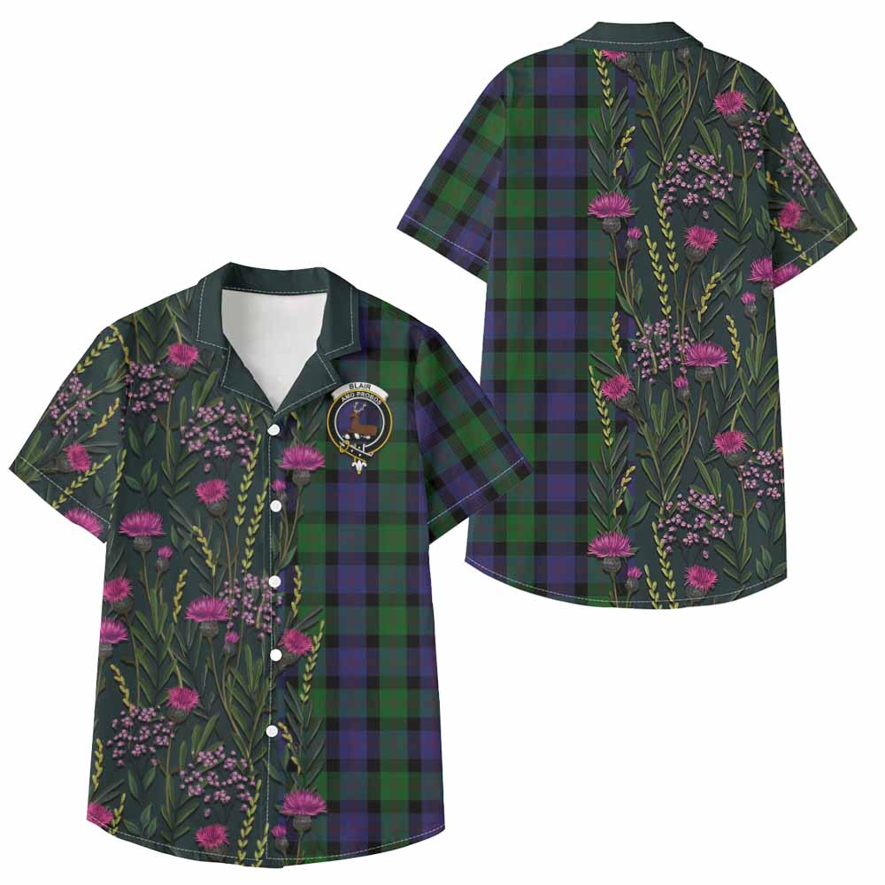 Blair Family Crest Tartan Kid Hawaiian Shirt Scottish Thistle Flower Pattern Half Style - Tartan Vibes Clothing