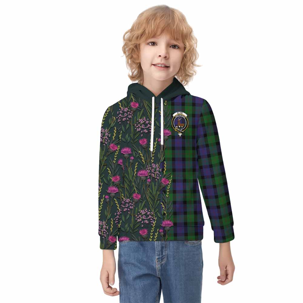 Blair Family Crest Tartan Kid Hoodie Scottish Thistle Flower Pattern Half Style - Tartan Vibes Clothing
