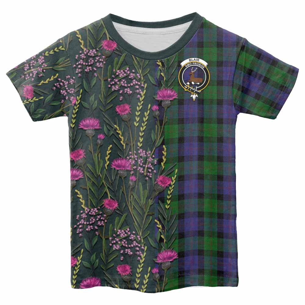 Blair Family Crest Tartan Kid T-shirt Scottish Thistle Flower Pattern Half Style - Tartan Vibes Clothing