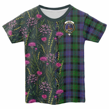 Blair Family Crest Tartan Kid T-shirt Scottish Thistle Flower Pattern Half Style - Tartan Vibes Clothing