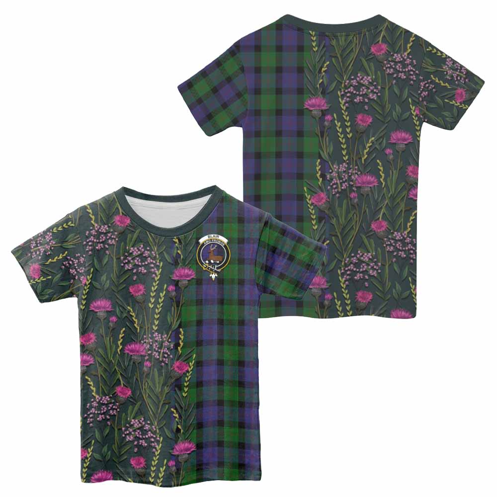 Blair Family Crest Tartan Kid T-shirt Scottish Thistle Flower Pattern Half Style - Tartan Vibes Clothing