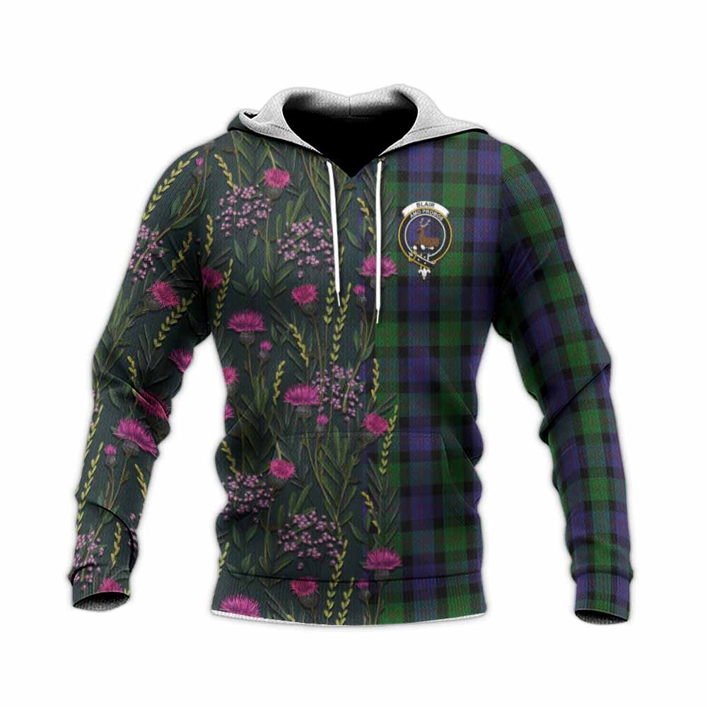 Blair Family Crest Tartan Knitted Hoodie Scottish Thistle Flower Pattern Half Style - Tartan Vibes Clothing
