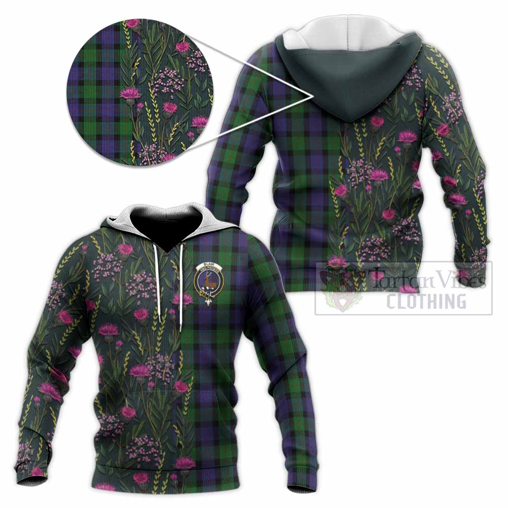 Blair Family Crest Tartan Knitted Hoodie Scottish Thistle Flower Pattern Half Style - Tartan Vibes Clothing