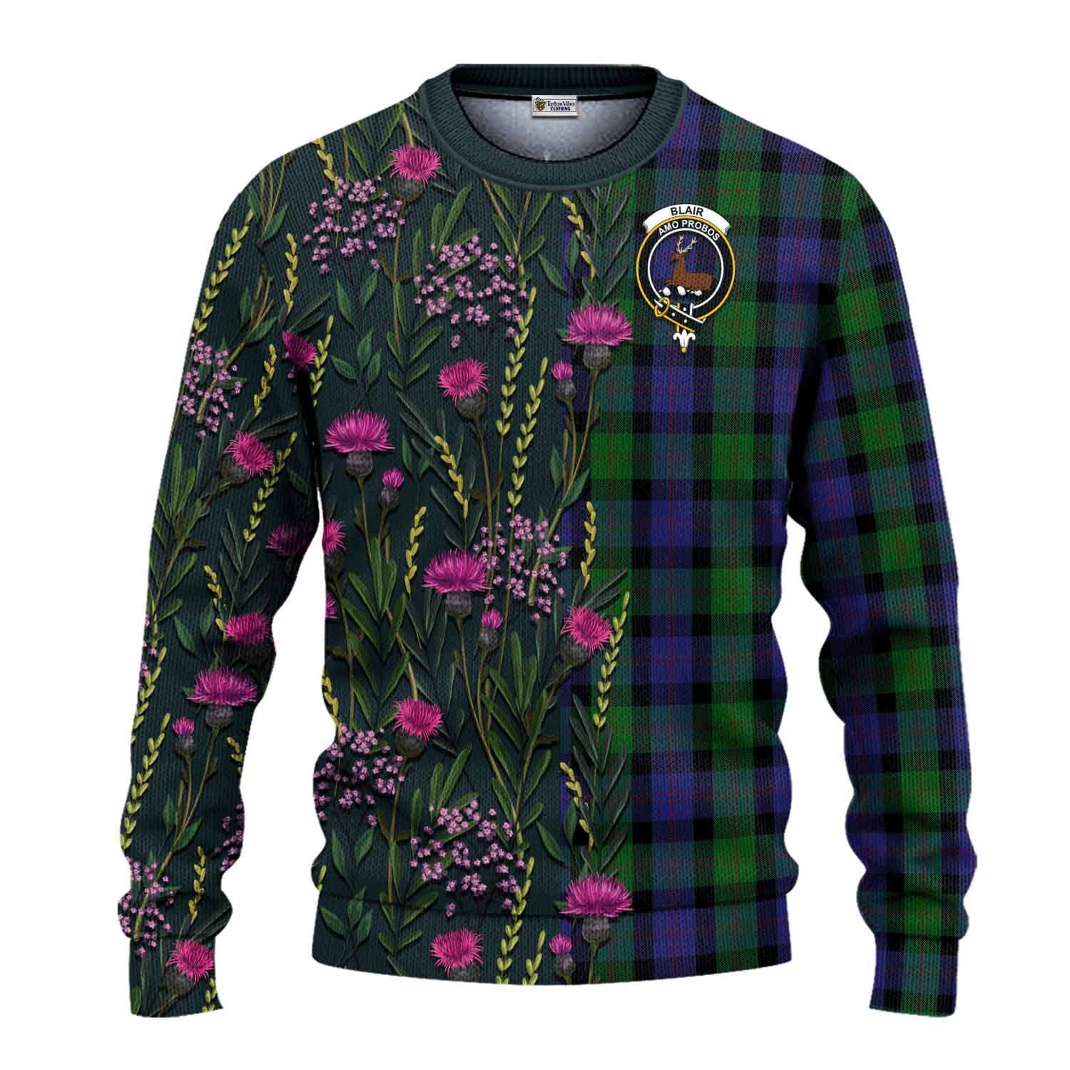 Blair Family Crest Tartan Knitted Sweater Scottish Thistle Flower Pattern Half Style - Tartan Vibes Clothing