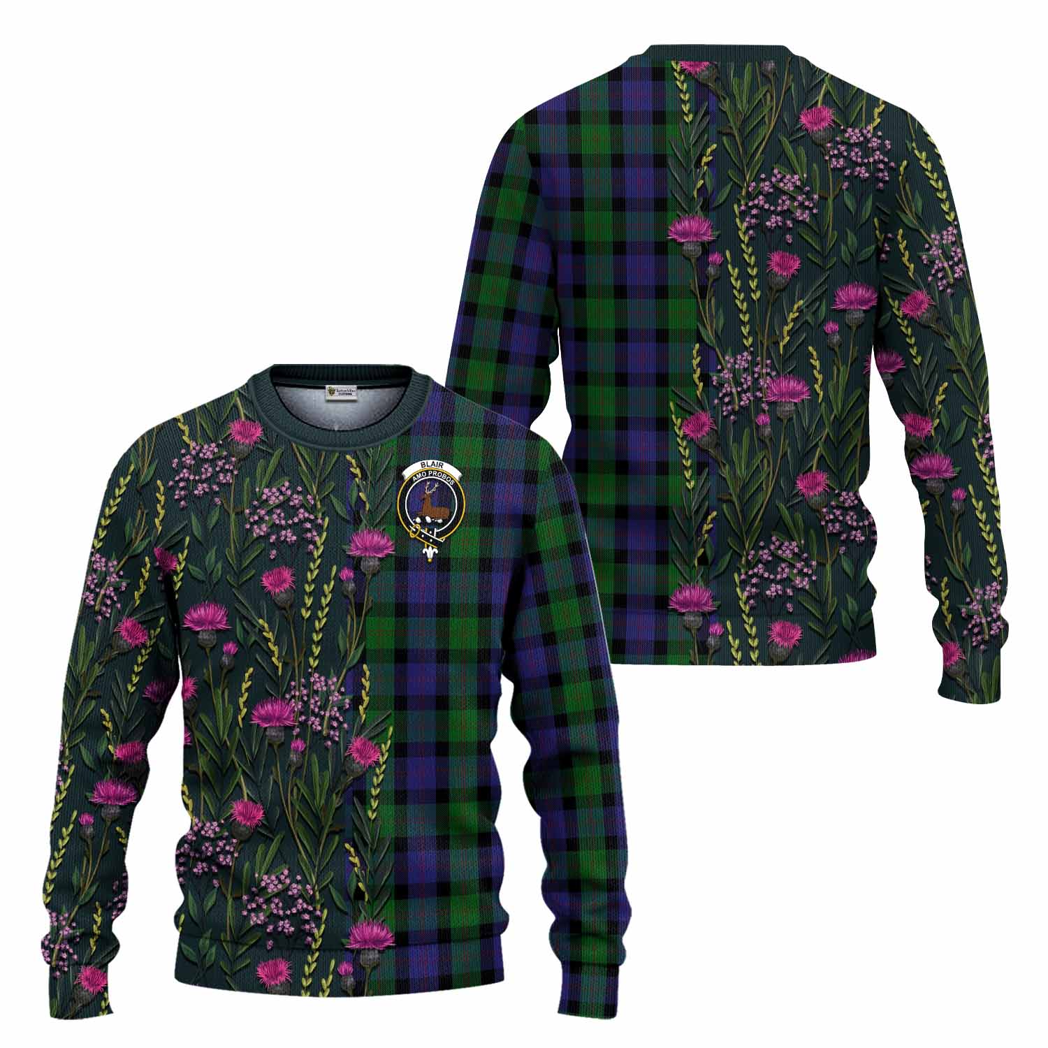 Blair Family Crest Tartan Knitted Sweater Scottish Thistle Flower Pattern Half Style - Tartan Vibes Clothing