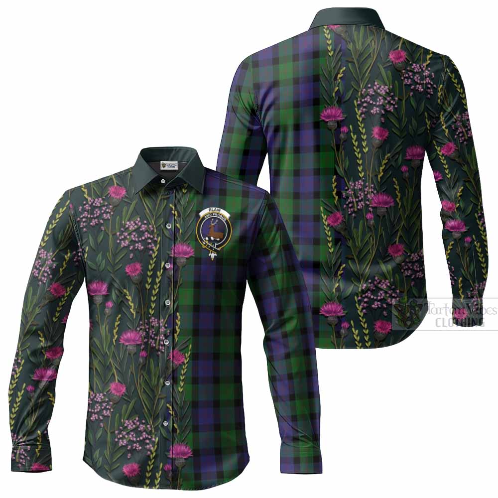 Blair Family Crest Tartan Long Sleeve Button Shirts Scottish Thistle Flower Pattern Half Style - Tartan Vibes Clothing