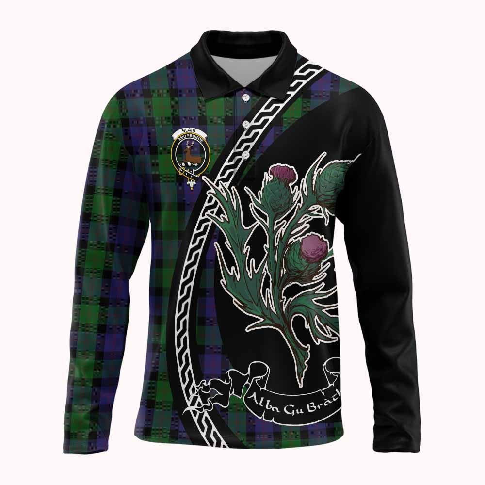 Blair Family Crest Tartan Long Sleeve Polo Shirt Alba Thistle Inspired - Tartan Vibes Clothing