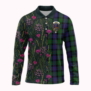 Blair Family Crest Tartan Long Sleeve Polo Shirt Scottish Thistle Flower Pattern Half Style