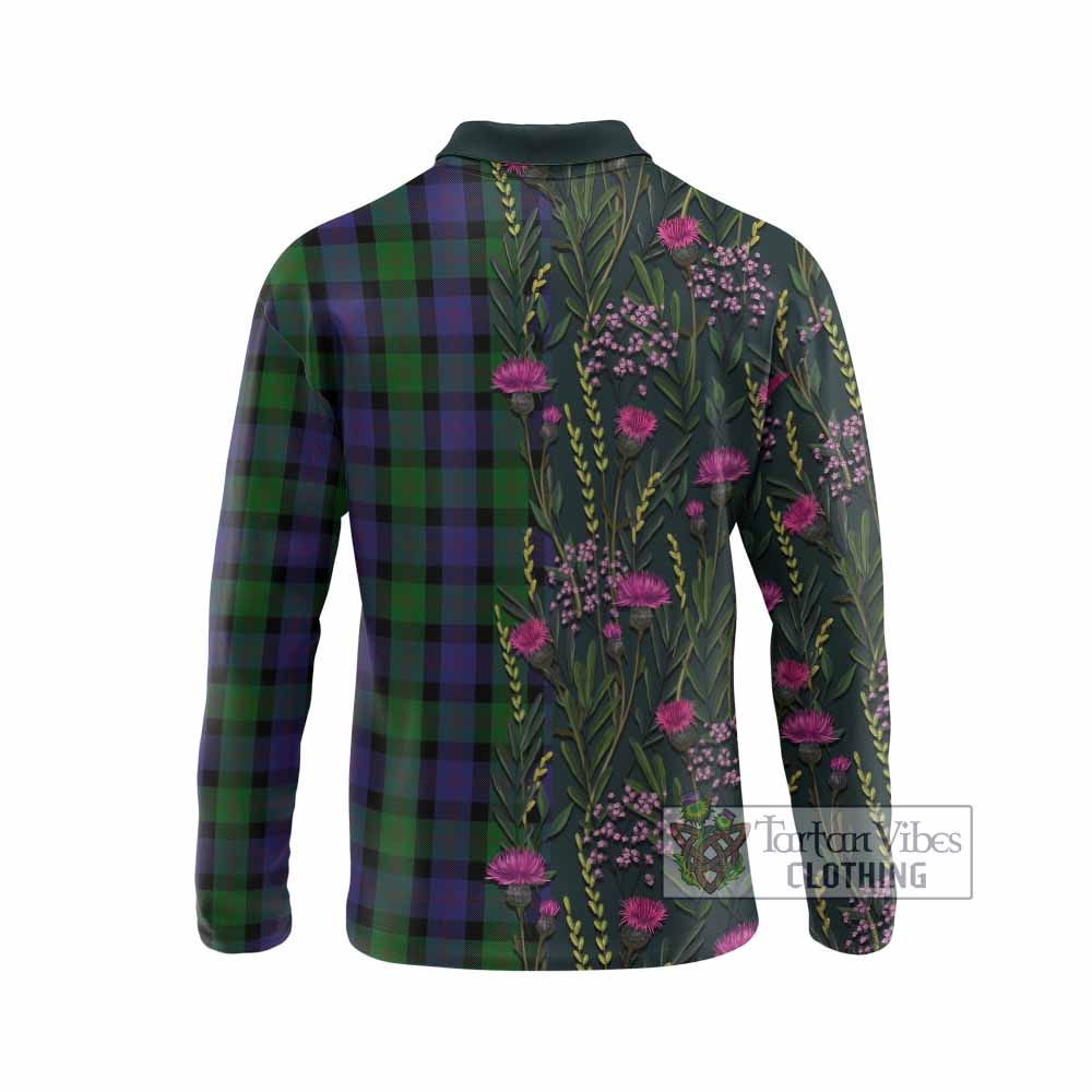 Blair Family Crest Tartan Long Sleeve Polo Shirt Scottish Thistle Flower Pattern Half Style - Tartan Vibes Clothing