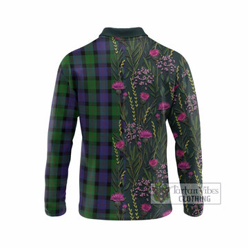 Blair Family Crest Tartan Long Sleeve Polo Shirt Scottish Thistle Flower Pattern Half Style
