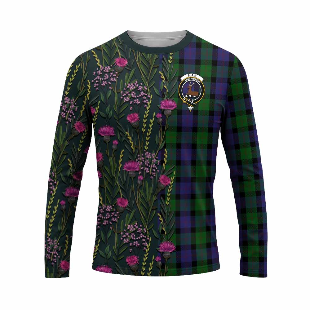 Blair Family Crest Tartan Long Sleeve T-Shirt Scottish Thistle Flower Pattern Half Style - Tartan Vibes Clothing