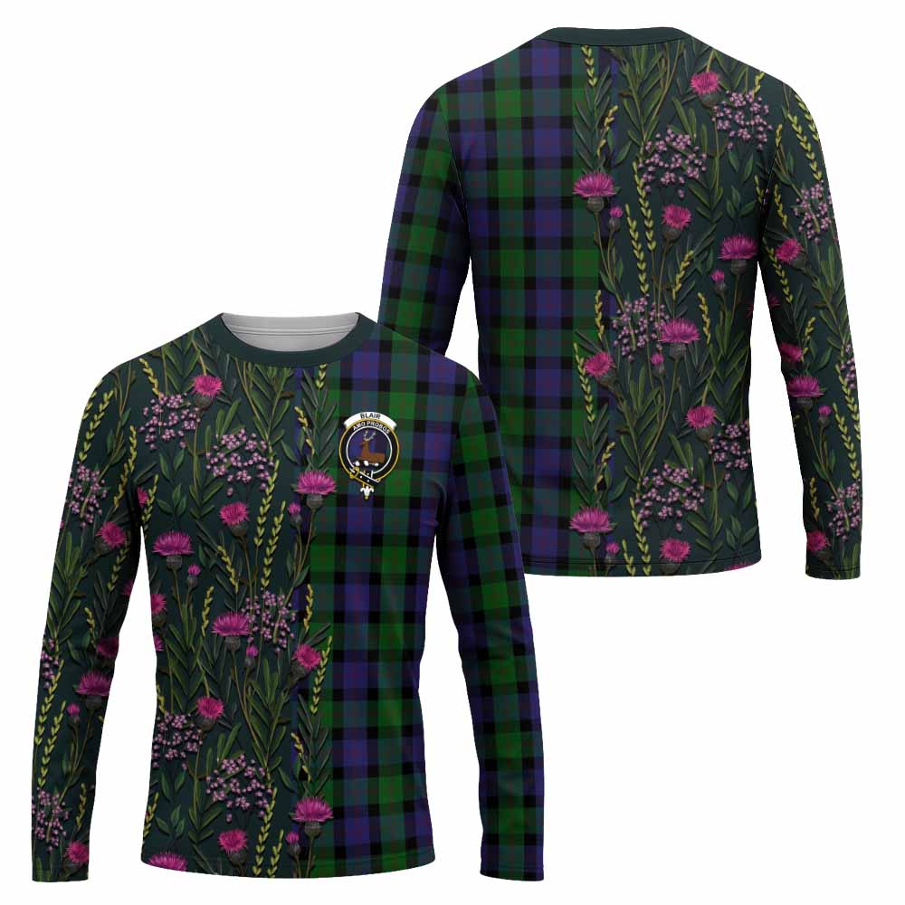 Blair Family Crest Tartan Long Sleeve T-Shirt Scottish Thistle Flower Pattern Half Style - Tartan Vibes Clothing
