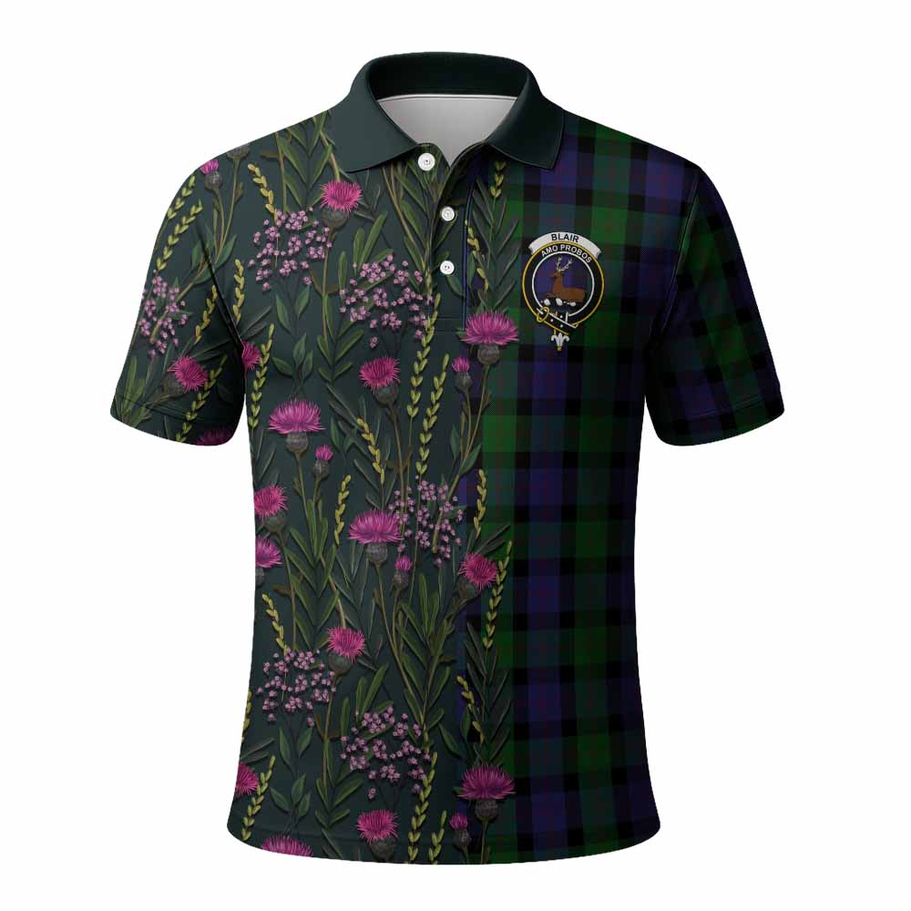 Blair Family Crest Tartan Polo Shirt Scottish Thistle Flower Pattern Half Style - Tartan Vibes Clothing