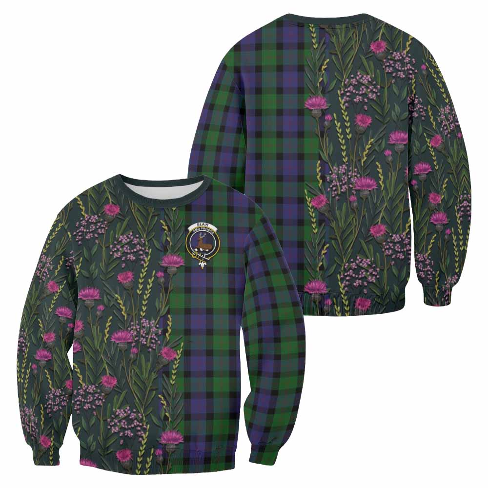 Blair Family Crest Tartan Sweatshirt Scottish Thistle Flower Pattern Half Style - Tartan Vibes Clothing