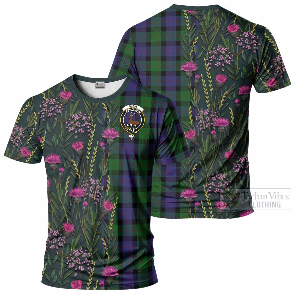 Blair Family Crest Tartan T-Shirt Scottish Thistle Flower Pattern Half Style - Tartan Vibes Clothing