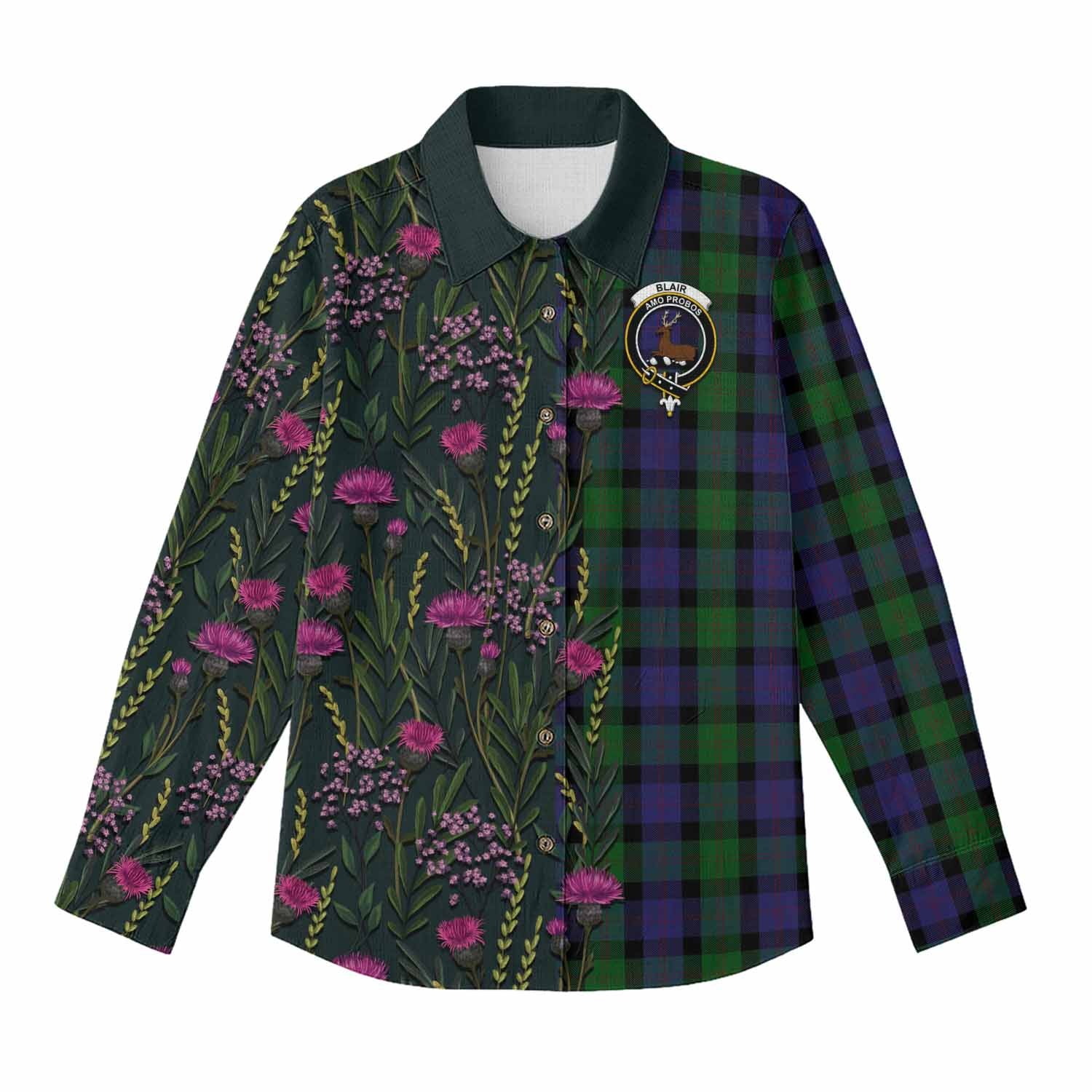 Blair Family Crest Tartan Women Casual Shirt Scottish Thistle Flower Pattern Half Style - Tartan Vibes Clothing