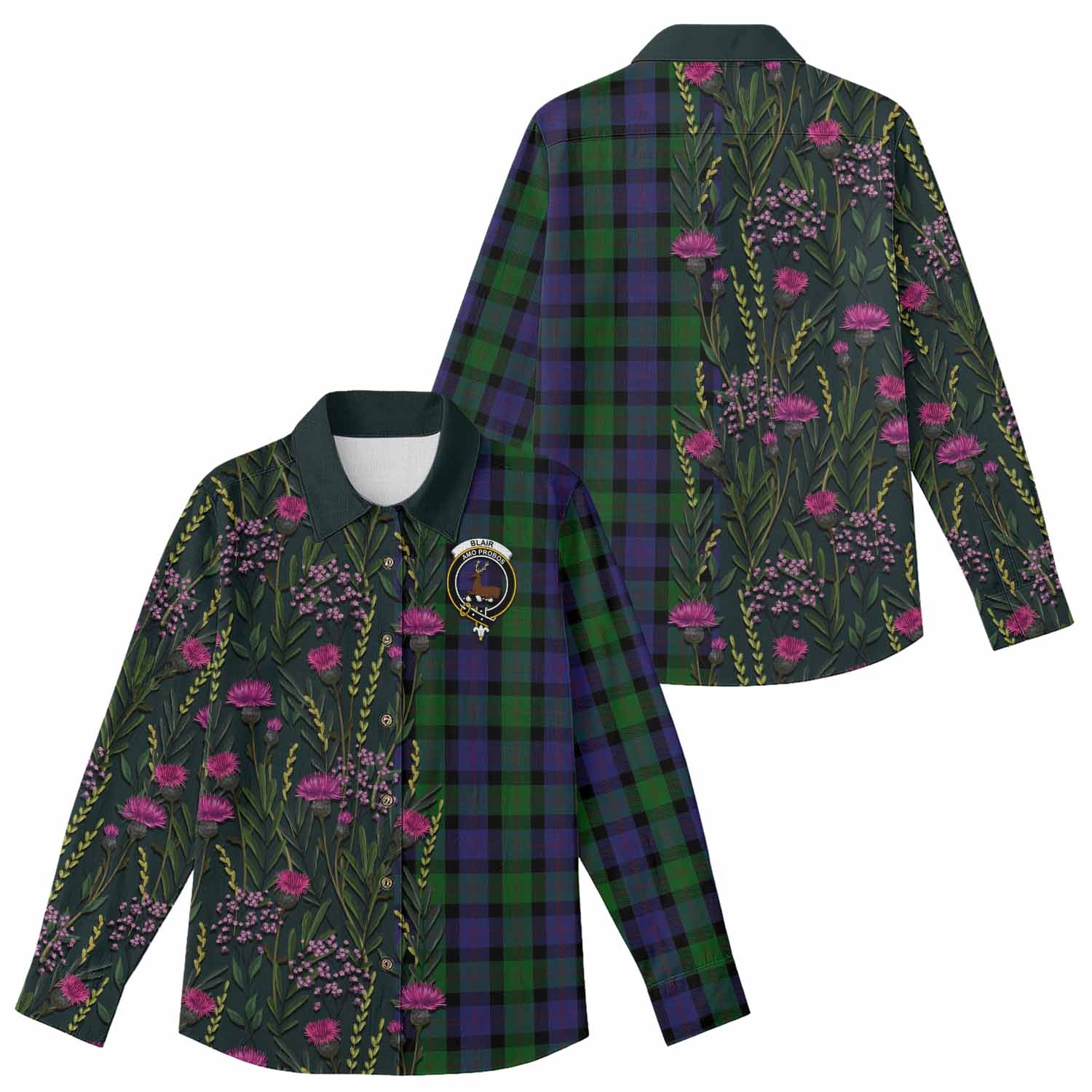 Blair Family Crest Tartan Women Casual Shirt Scottish Thistle Flower Pattern Half Style - Tartan Vibes Clothing