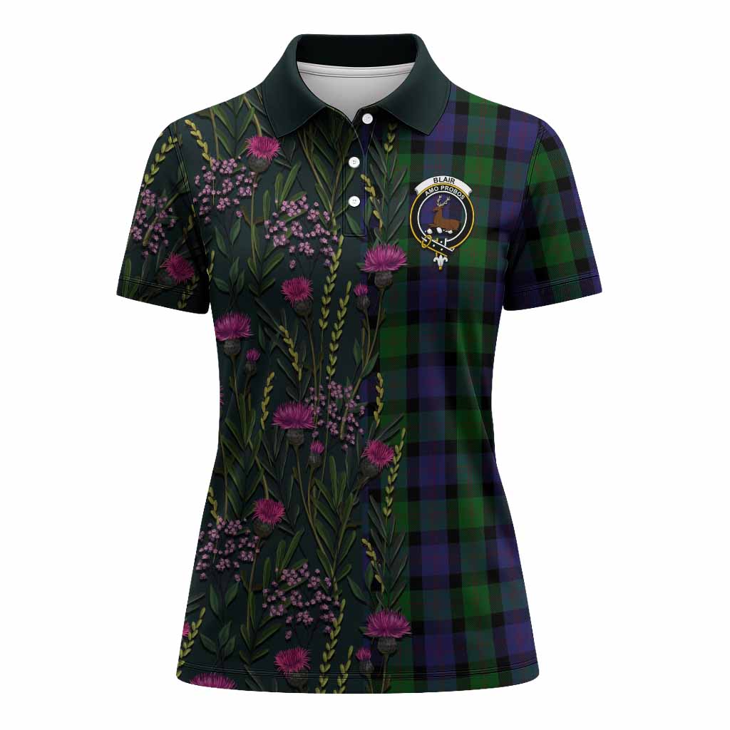 Blair Family Crest Tartan Women Polo Shirt Scottish Thistle Flower Pattern Half Style - Tartan Vibes Clothing