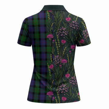 Blair Family Crest Tartan Women Polo Shirt Scottish Thistle Flower Pattern Half Style