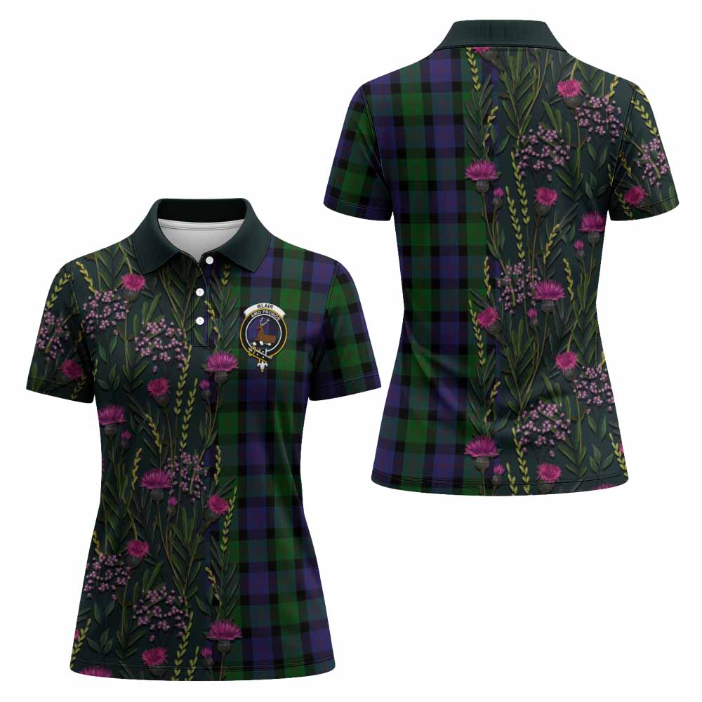 Blair Family Crest Tartan Women Polo Shirt Scottish Thistle Flower Pattern Half Style - Tartan Vibes Clothing