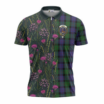 Blair Family Crest Tartan Zipper Polo Shirt Scottish Thistle Flower Pattern Half Style - Tartan Vibes Clothing