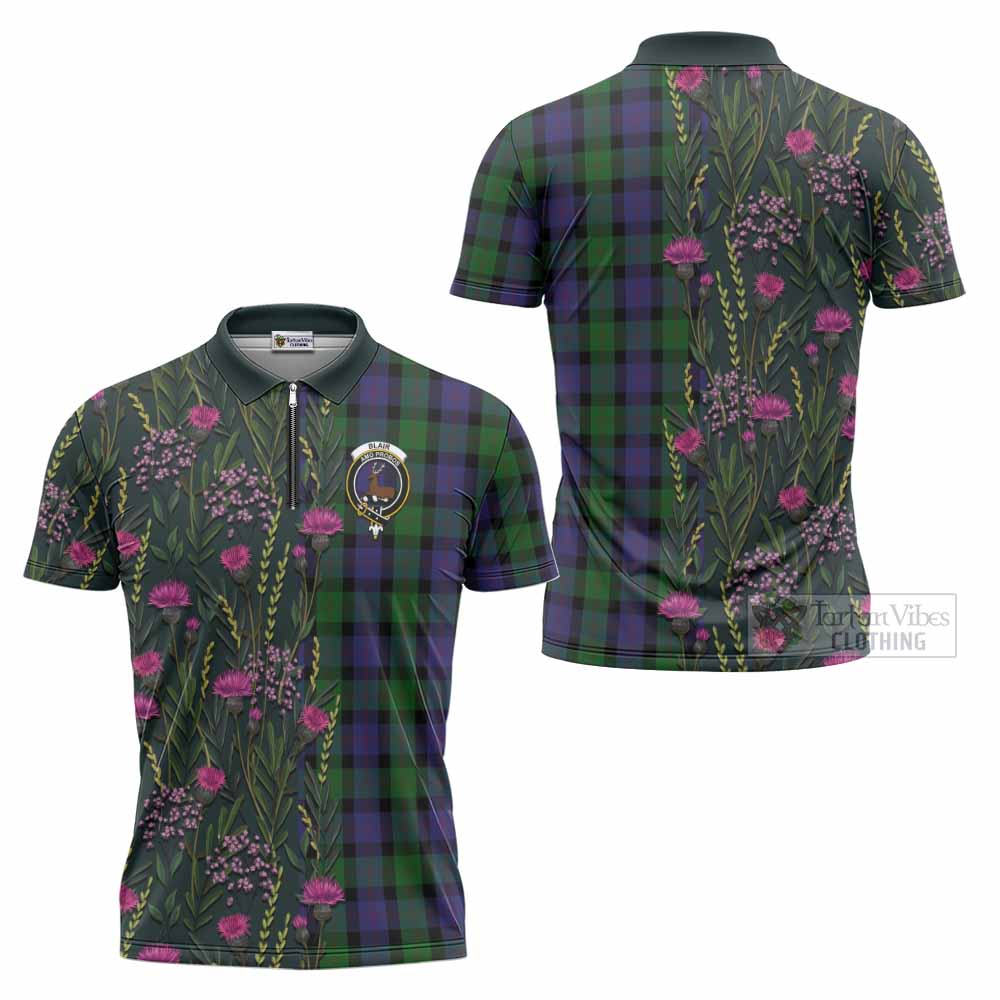 Blair Family Crest Tartan Zipper Polo Shirt Scottish Thistle Flower Pattern Half Style - Tartan Vibes Clothing