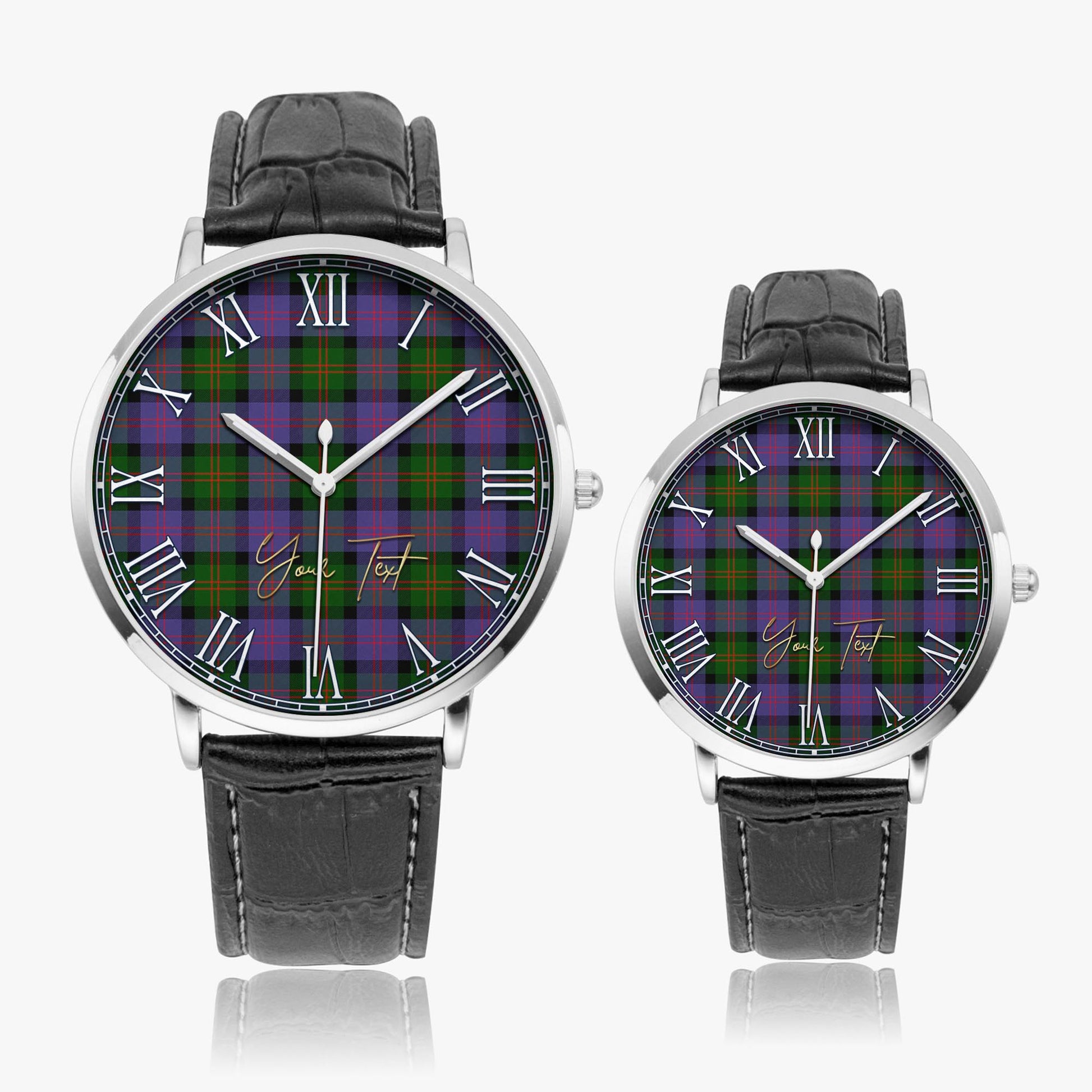 Blair Modern Tartan Personalized Your Text Leather Trap Quartz Watch Ultra Thin Silver Case With Black Leather Strap - Tartanvibesclothing