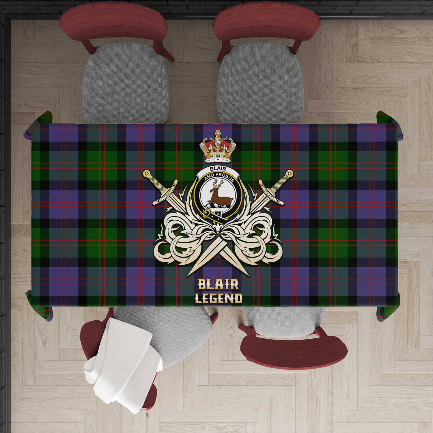 Tartan Vibes Clothing Blair Modern Tartan Tablecloth with Clan Crest and the Golden Sword of Courageous Legacy