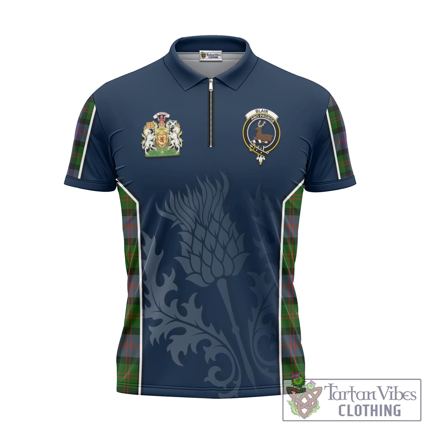 Tartan Vibes Clothing Blair Modern Tartan Zipper Polo Shirt with Family Crest and Scottish Thistle Vibes Sport Style