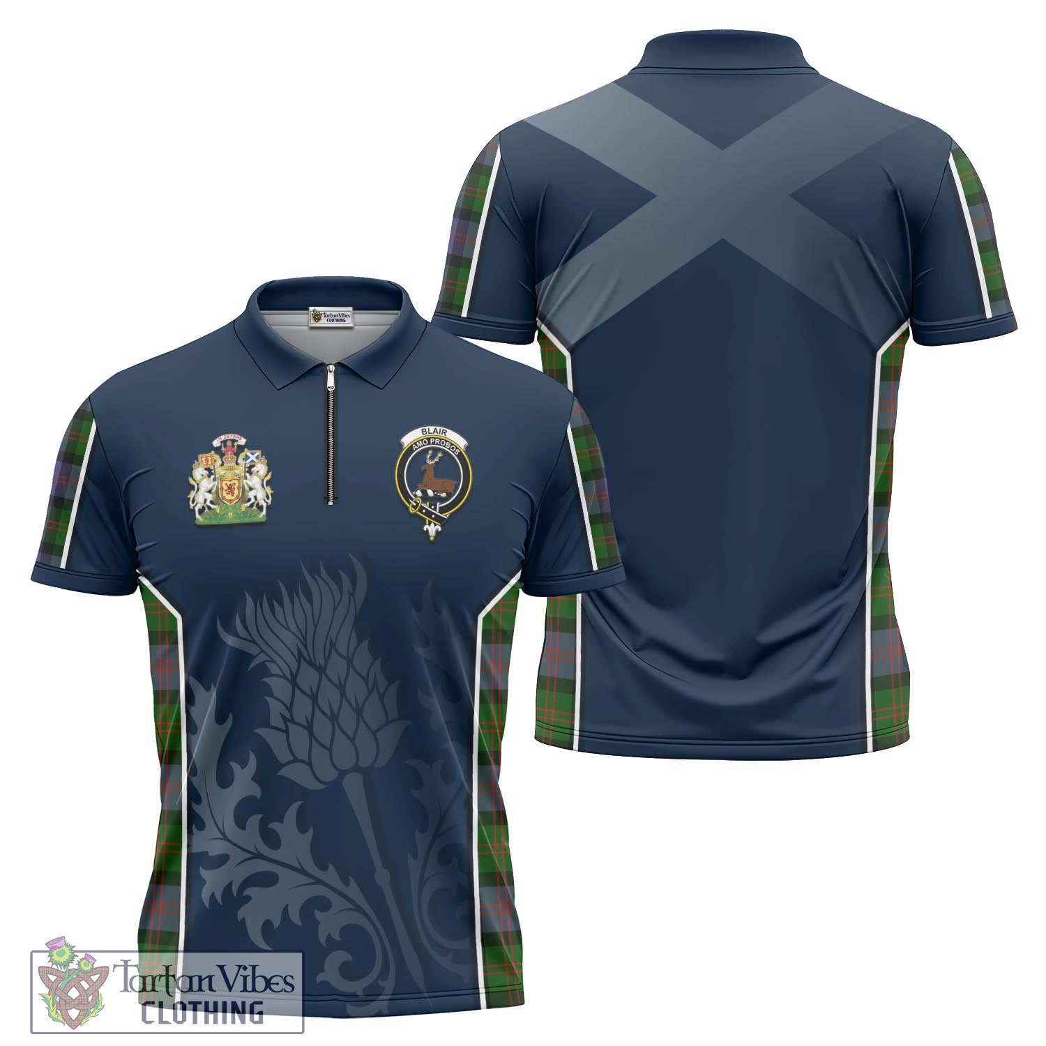 Tartan Vibes Clothing Blair Modern Tartan Zipper Polo Shirt with Family Crest and Scottish Thistle Vibes Sport Style