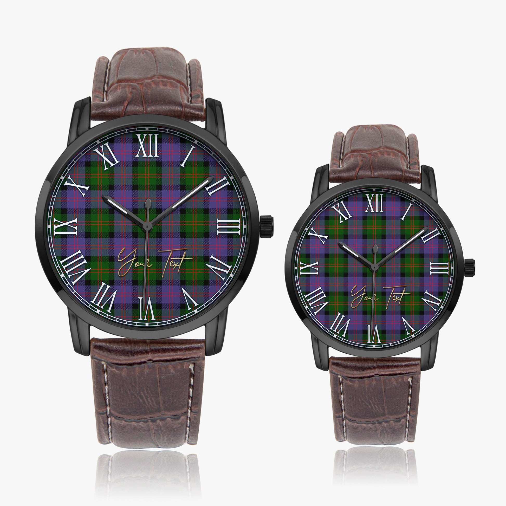 Blair Modern Tartan Personalized Your Text Leather Trap Quartz Watch Wide Type Black Case With Brown Leather Strap - Tartanvibesclothing