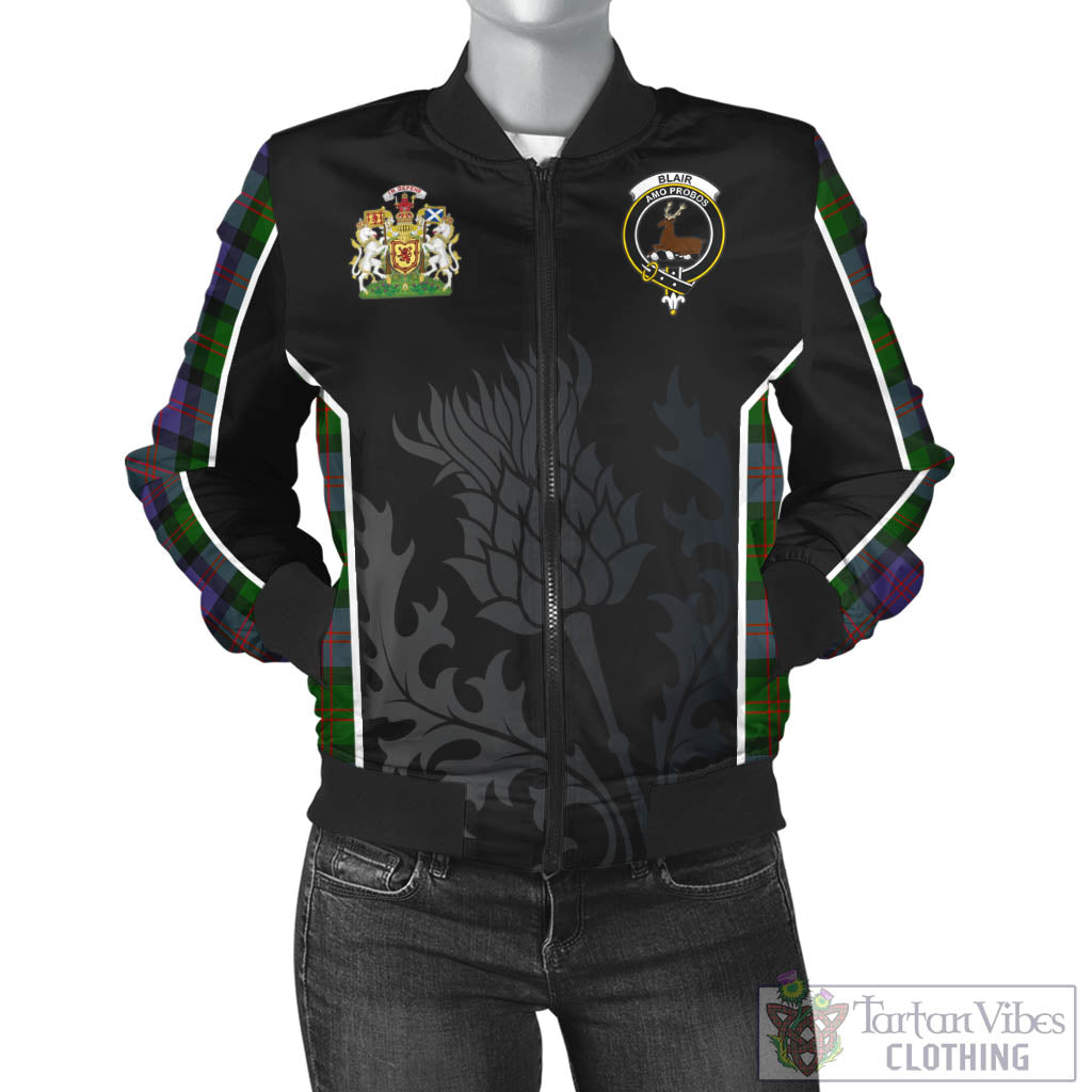 Tartan Vibes Clothing Blair Modern Tartan Bomber Jacket with Family Crest and Scottish Thistle Vibes Sport Style