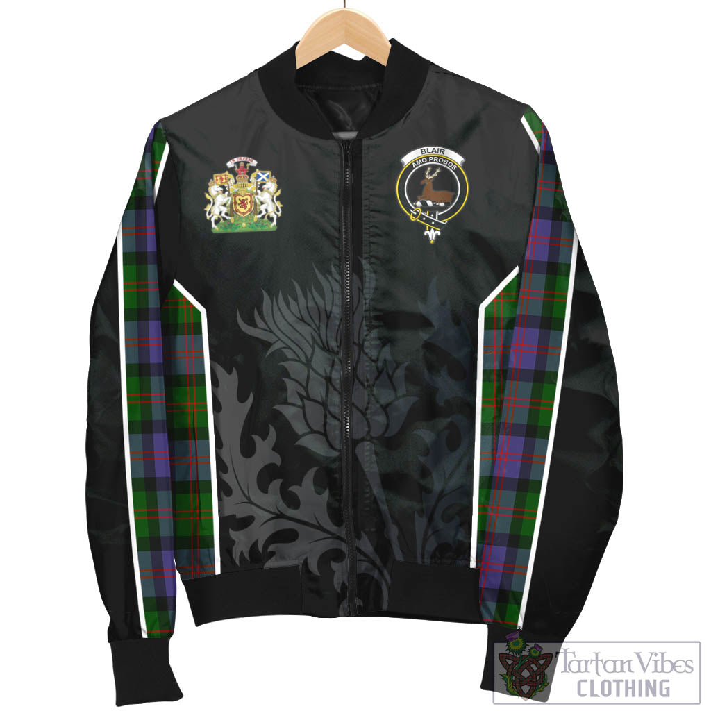 Tartan Vibes Clothing Blair Modern Tartan Bomber Jacket with Family Crest and Scottish Thistle Vibes Sport Style