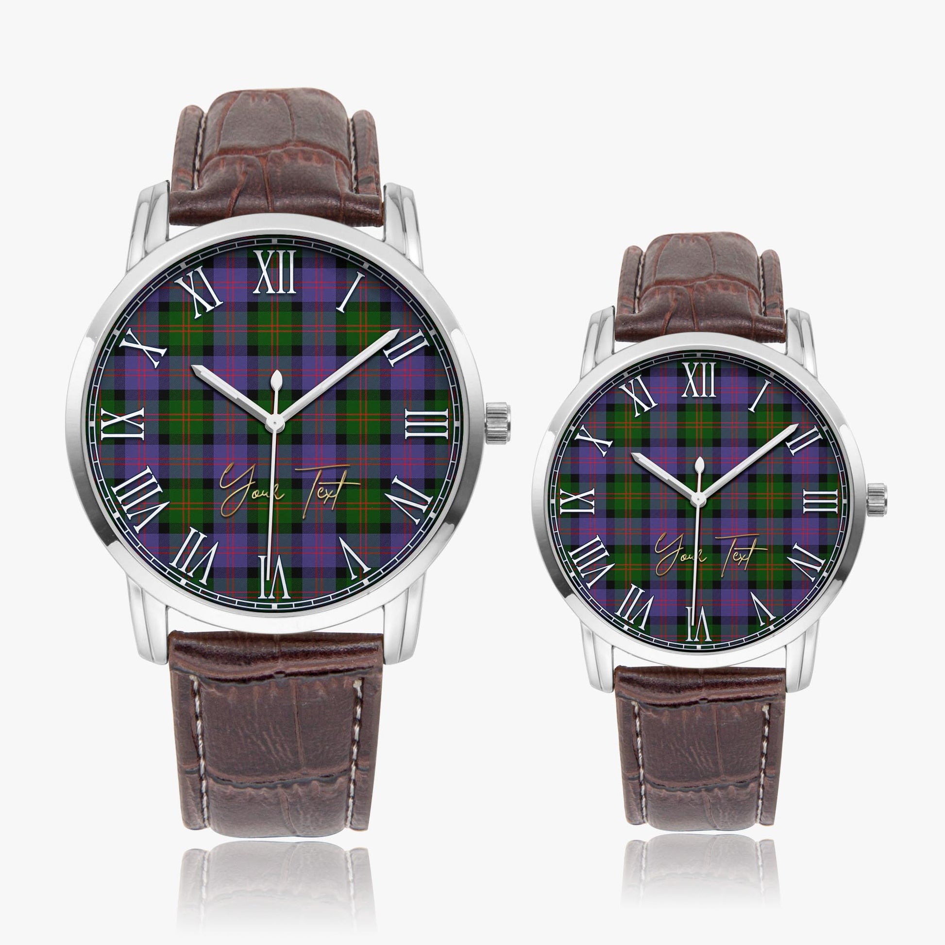 Blair Modern Tartan Personalized Your Text Leather Trap Quartz Watch Wide Type Silver Case With Brown Leather Strap - Tartanvibesclothing