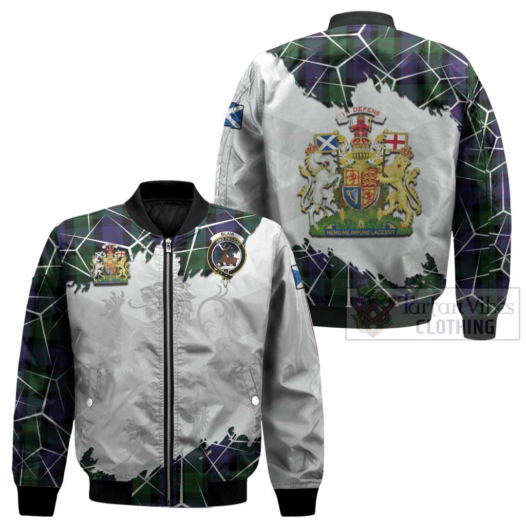 Blair Tartan Bomber Jacket with Family Crest and Lion Rampant Grunge Style