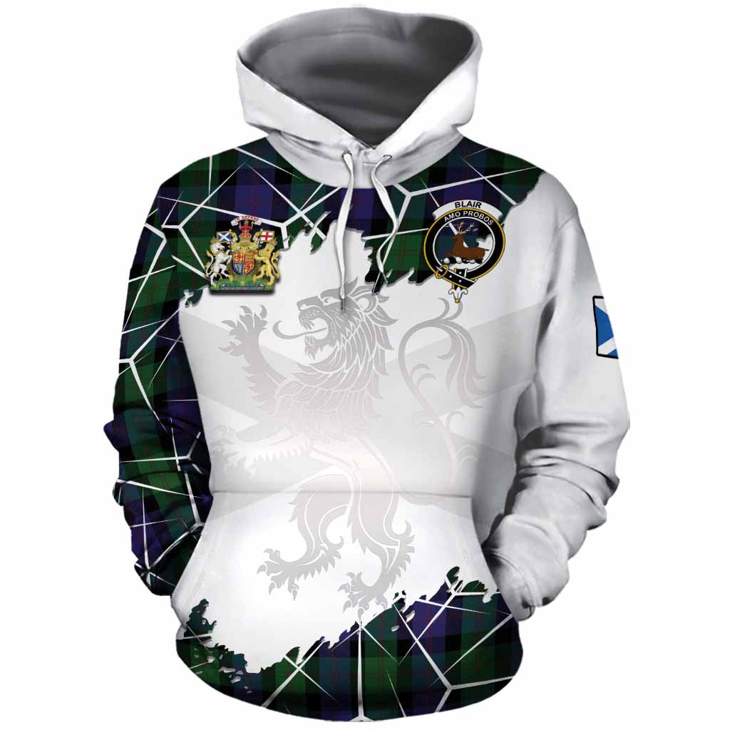 Blair Tartan Cotton Hoodie with Family Crest and Lion Rampant Grunge Style