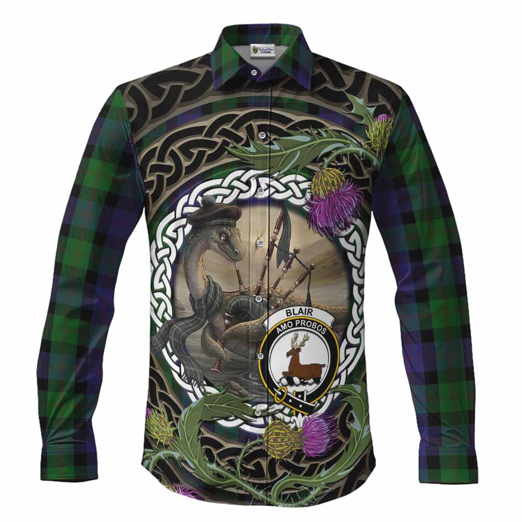 Blair Tartan Crest Bagpipe Nessie Long Sleeve Button Shirts Scottish Loch Ness Monster Celtic Thistle