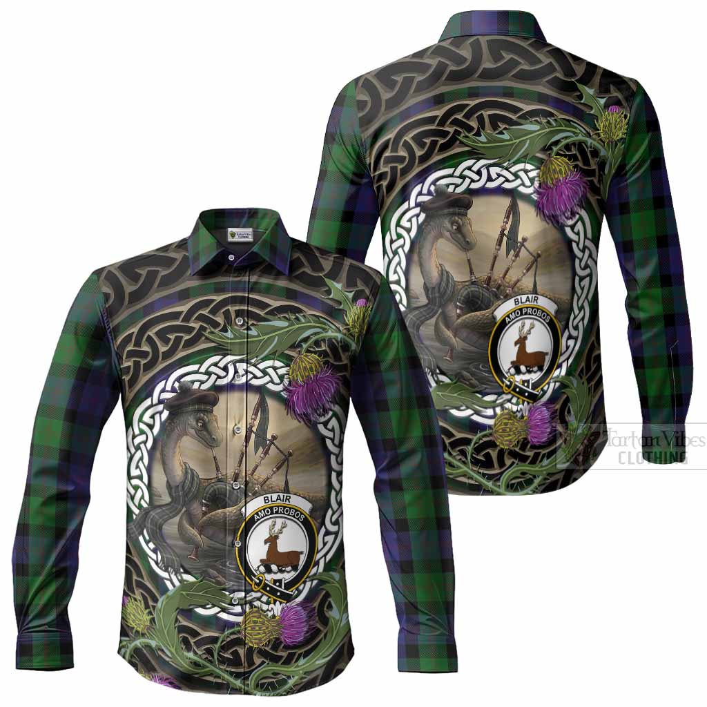 Blair Tartan Crest Bagpipe Nessie Long Sleeve Button Shirts Scottish Loch Ness Monster Celtic Thistle