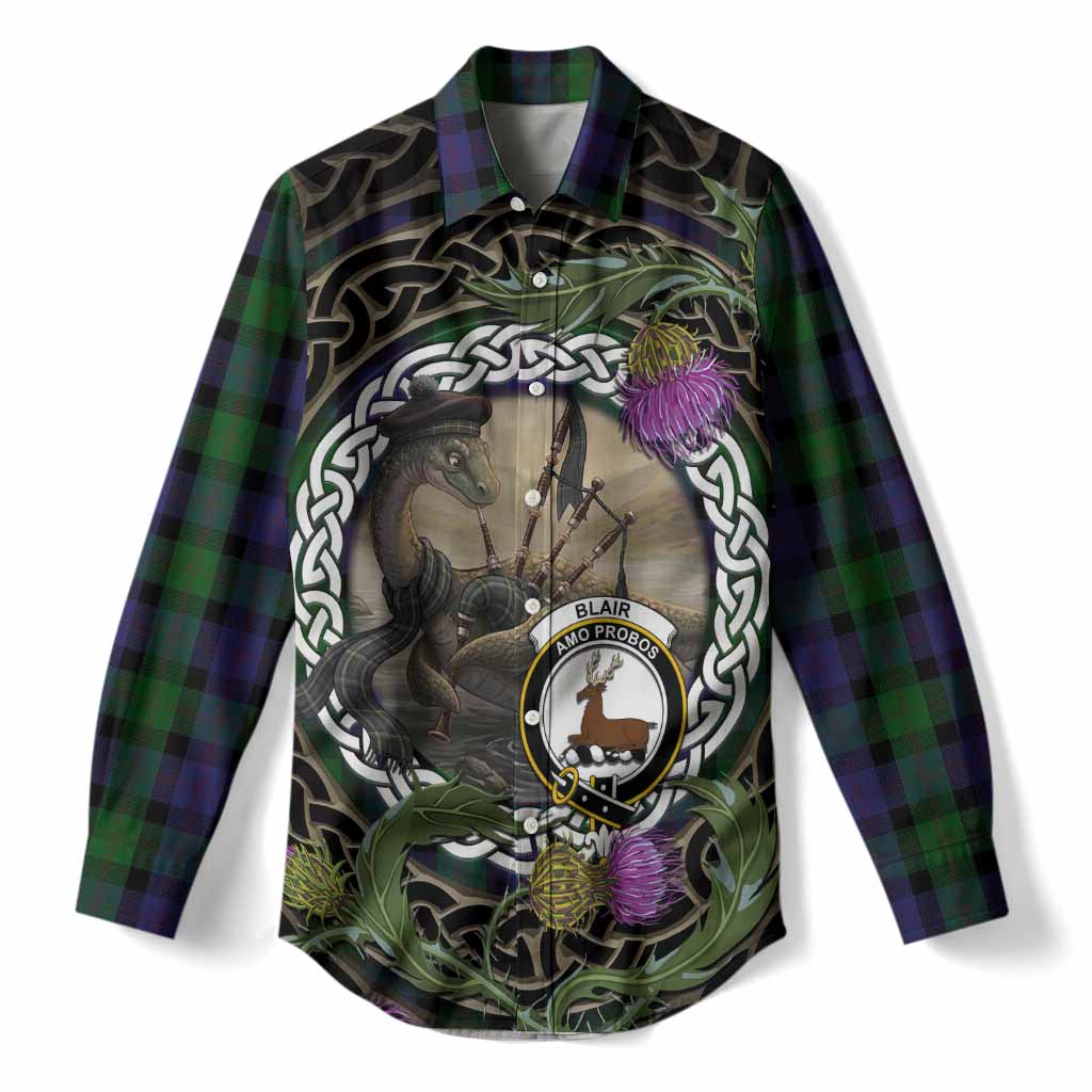 Blair Tartan Crest Bagpipe Nessie Women Casual Shirt Scottish Loch Ness Monster Celtic Thistle