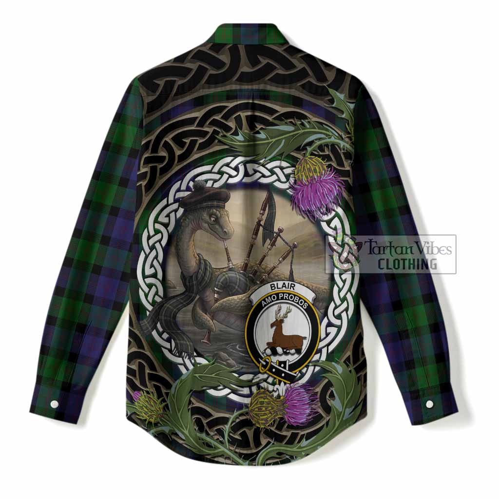 Blair Tartan Crest Bagpipe Nessie Women Casual Shirt Scottish Loch Ness Monster Celtic Thistle